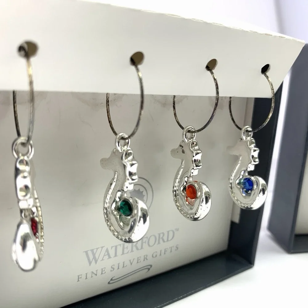 2 Sets of WATERFORD Fine Silver Gifts Seahorse Wine Charms - Sea Horse 2002